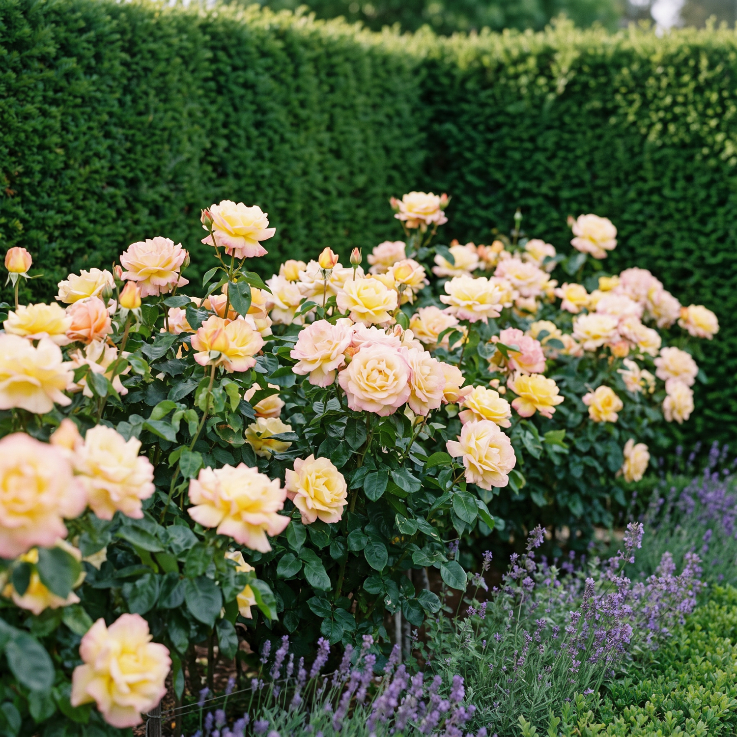 Roos Peace met grote gevulde bloemen in geel en crème met roze randen